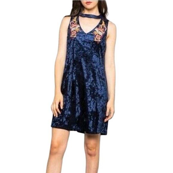 THML Karrah Velour Dress Blue‎ Floral Embroidered Choker Keyhole Neck Tent  Sz S - Picture 1 of 10